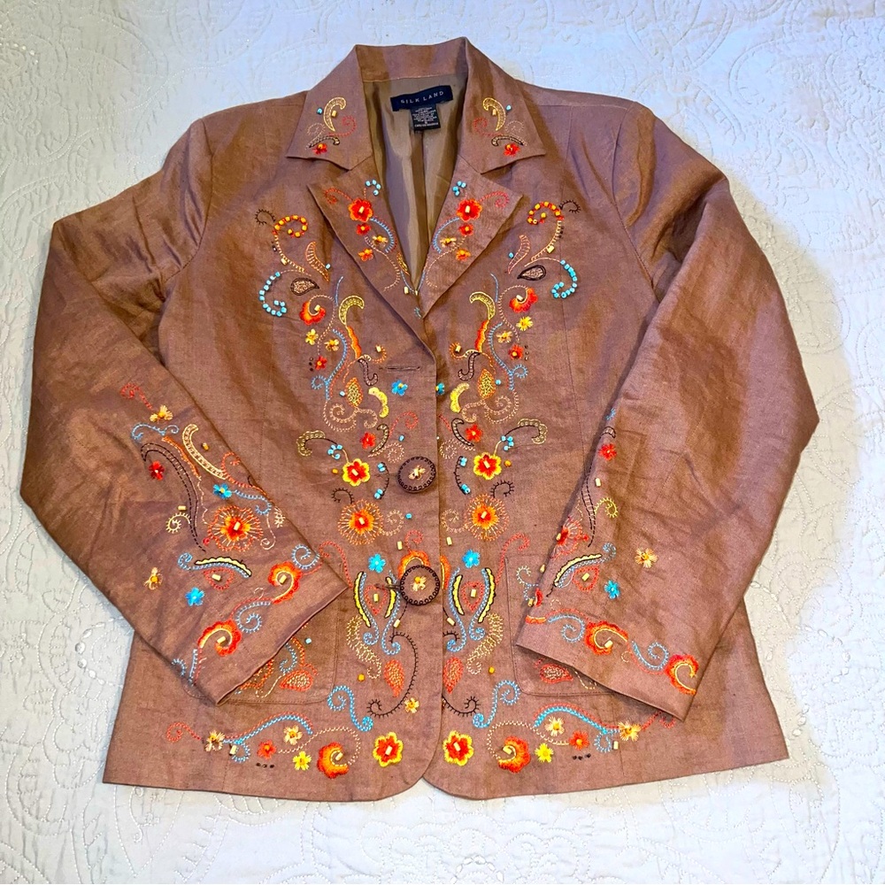 Silk Land Linen Beaded Embroidered Blazer Jacket size 6 Brown